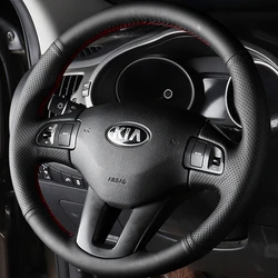 For Kia Sportage 3th 2011-2014 Kia Ceed 2010 DIY Hand-stitched Black Genuine Leather Car Steering Wheel Cover