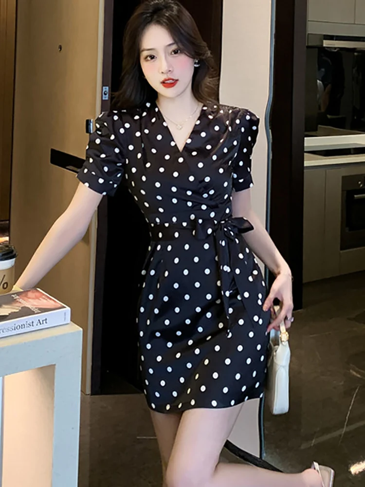 2024 Black Polka Dot Chic Satin Luxury Long Dress Elegant Women's Dresses for Party Summer Short Sleeve Bow Bodycon Prom Clothes