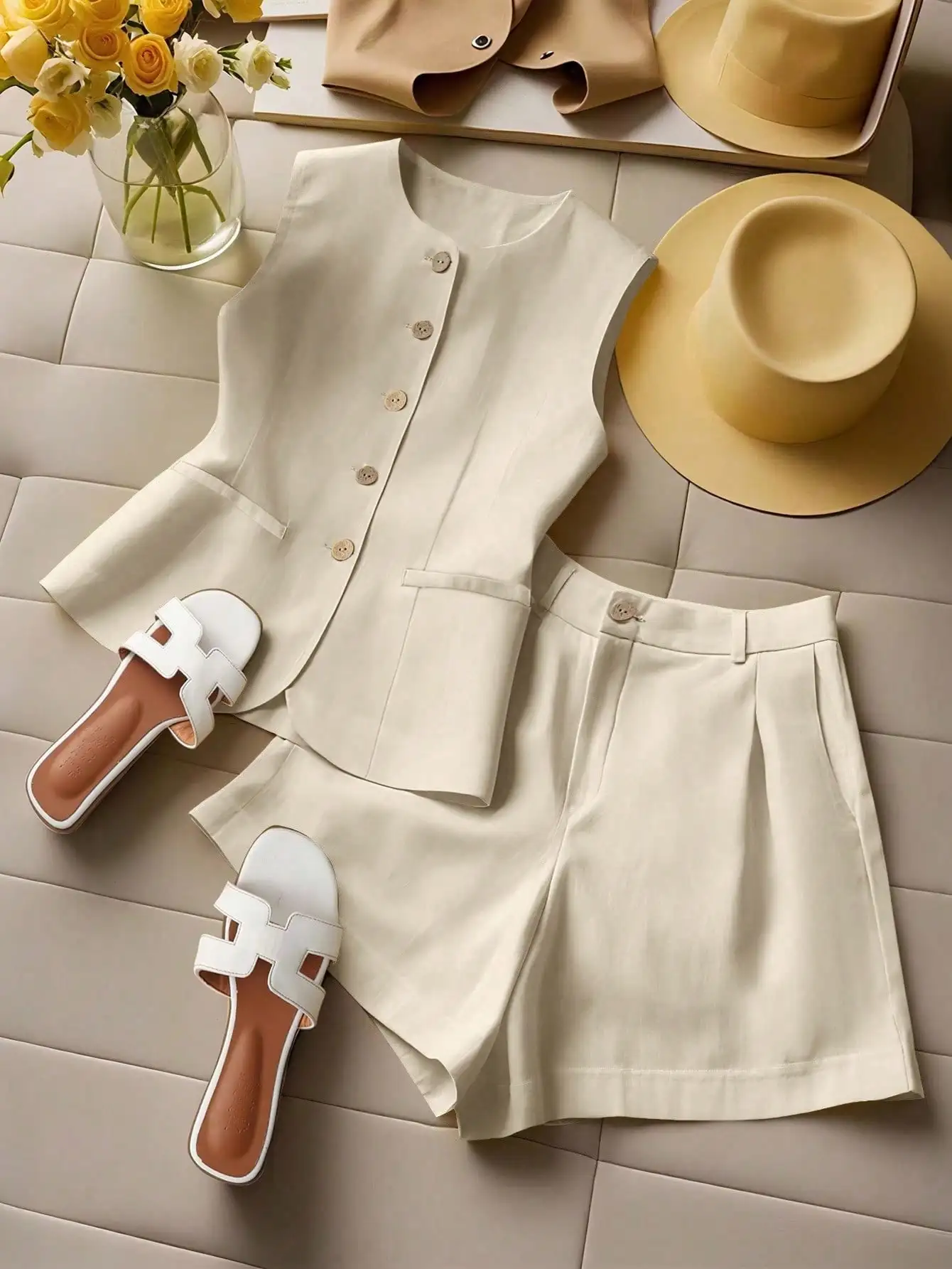 여성용 민소매 버튼업 탑 & 플리츠 반바지 2피스 세트, 여름용 연노랑색 휴가복