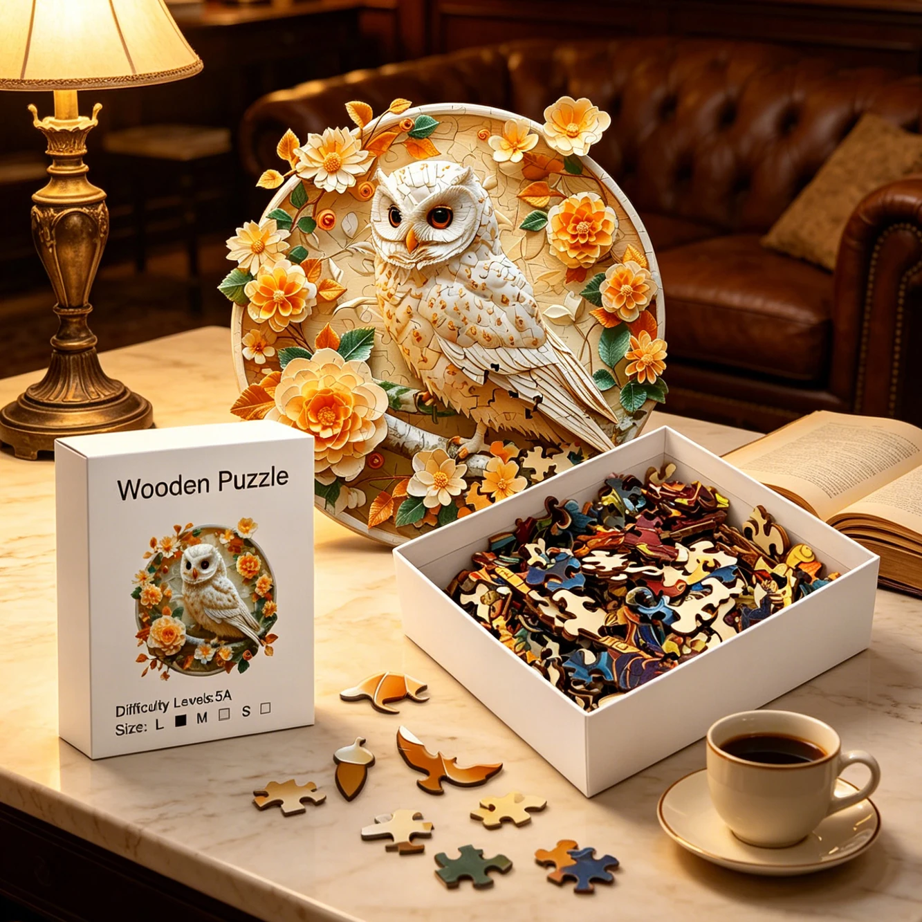 

Floral Owl Wooden Puzzle, 3D Paper-Cut Style White Owl & Flowers Jigsaw for Adults