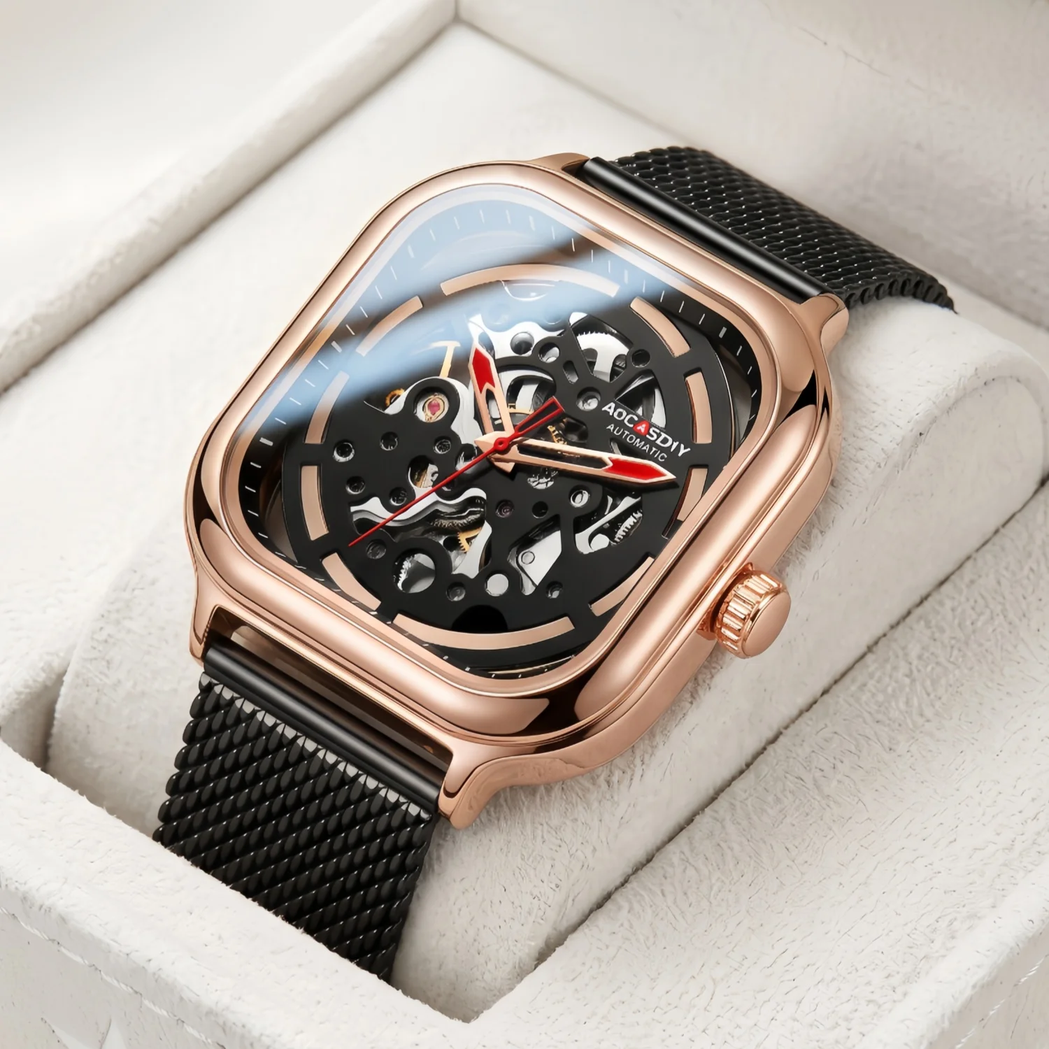 AOCASDIY mechanical watch, mesh strap, square luxury business hollow style, full skeleton dial, for daily business commuting