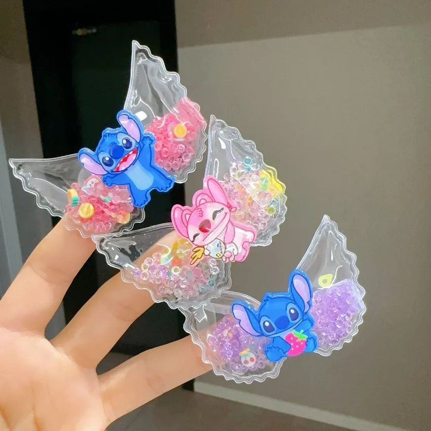 

New Disney Quicksand Angel Wings Stitch Hairpin for Kids Cute Baby Bangs Broken Hair Clips Kawaii Cartoon Hair Accessories Gifts