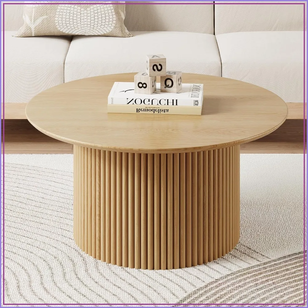 31.5" round wood, metal coffee table fluted accent, center table living room, small space, office