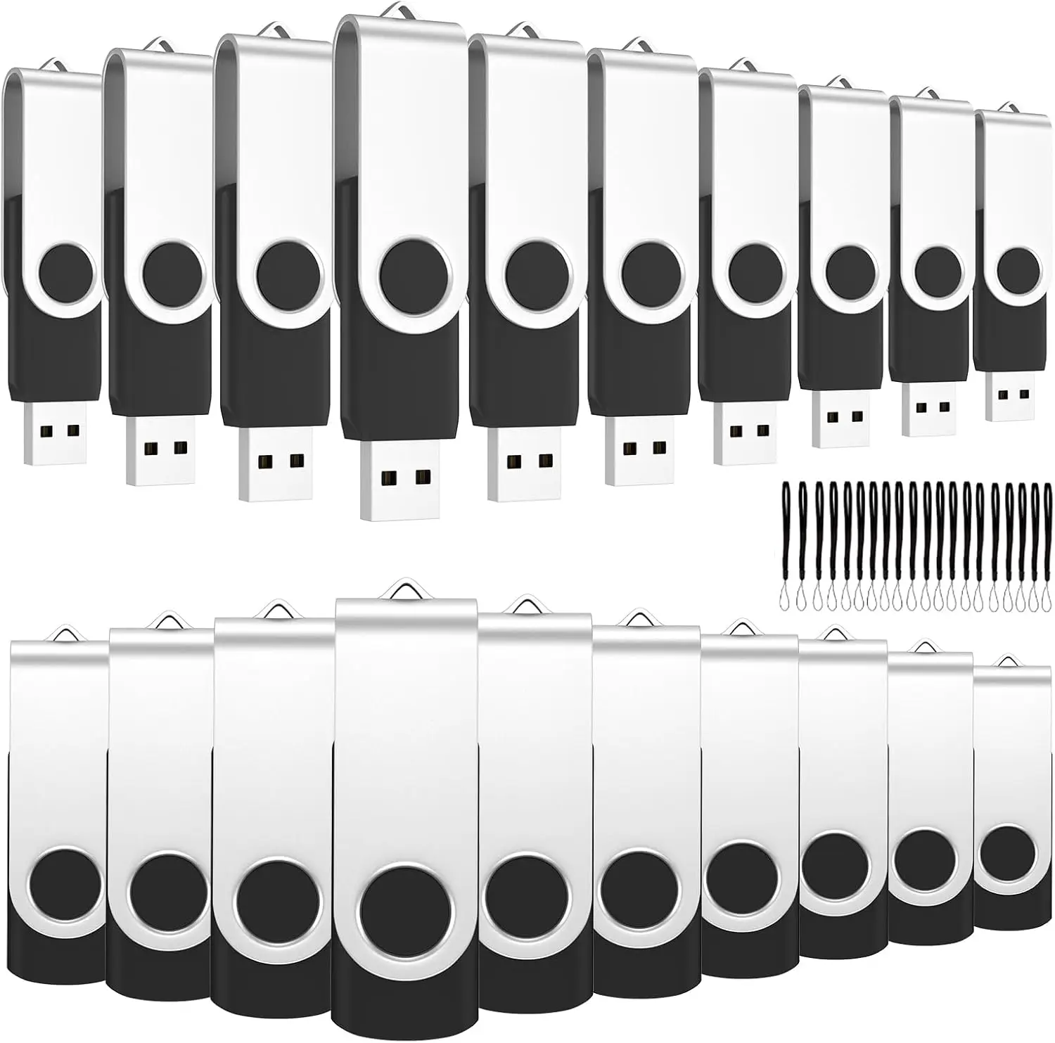 

20 Pack USB 2.0 Flash Drives with Lanyards, Bulk Memory Sticks Pendrives in Black for Easy Storage and Sharing
