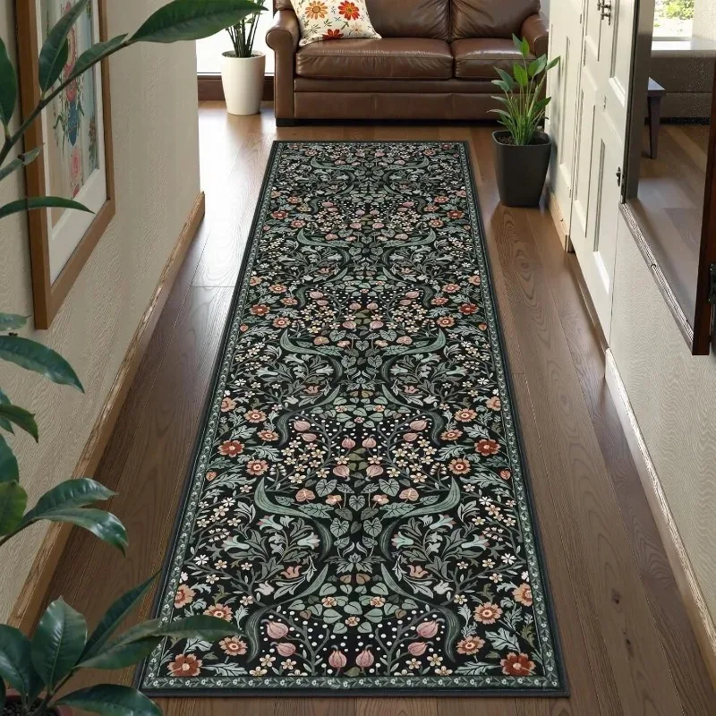 Retro Green Floral Long Corridor Carpet Machine Washable Foldable Bedroom Bedside Floor Mat Soft Non-slip Balcony Rug Tapis 러그