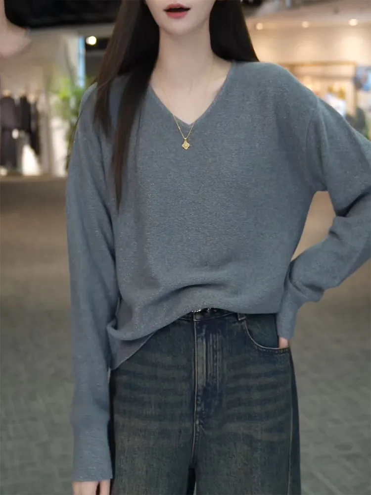 

ay V-ne Sweater Casual Versatile Women's Faion Korean Sle Autumn 2025 New Large Size Simple Ele Leisure Top