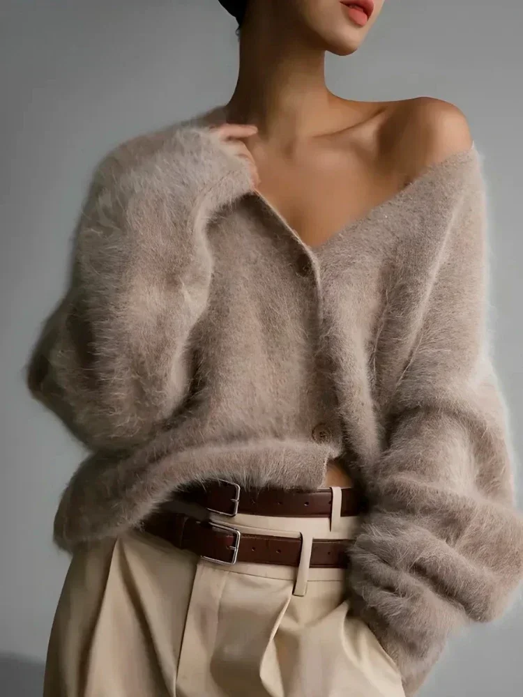 Suéter informal de gran tamaño con cuello en V para mujer, cárdigan de punto de manga larga holgado a la moda, abrigo de punto de color caqui liso para cárdigan de otoño