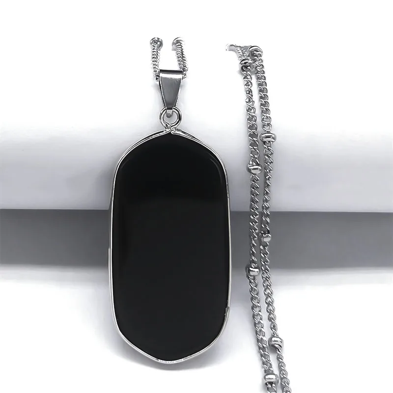 Black Obsidian Geometric Lucky Pendant Necklace Women Boho Natural Stone Stainless Steel Silver Color Necklaces Jewelry NA145S04