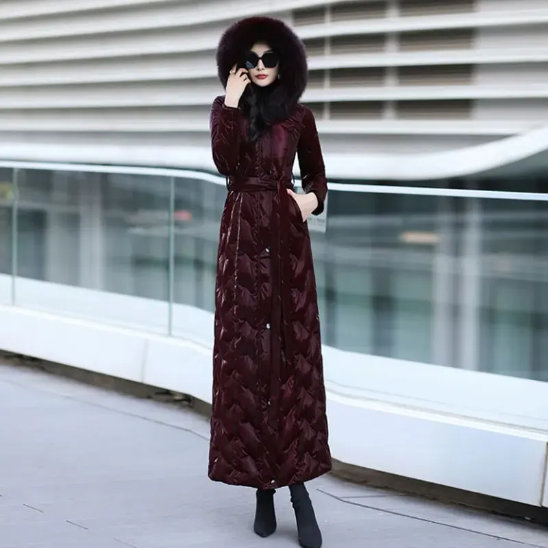 Quality Down Cotton Jacket Women Winter 2025 Fashionable Artificial Large Fur Collar Warm Knee-Length Slim Fit Outerwear Female