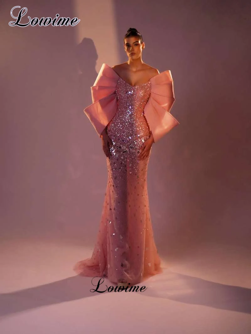 Coral Red Beaded Celebrity Dresses Luxury Off Shoulder Sequined Evening Gowns Prom Dresses For Women Vestidos De Gala Customized
