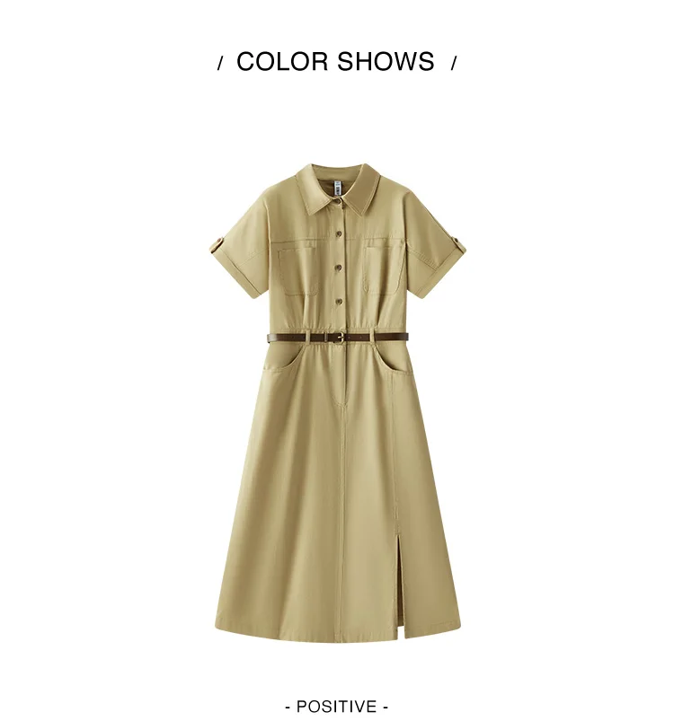 Semir Damen Hemdkleid mit Kragen aus Baumwolle, Schlitz, Midi-Länge, Gürtel, schmal geschnitten, Vintage Urban Workwear 2026 Sommer Mode Büro-Oberteil – Detail 7