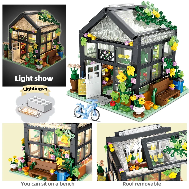 City Street View Creative House Coffee Shop Flower Store Architecture Building Block Bricks with LED Light Sets Toys for Girls