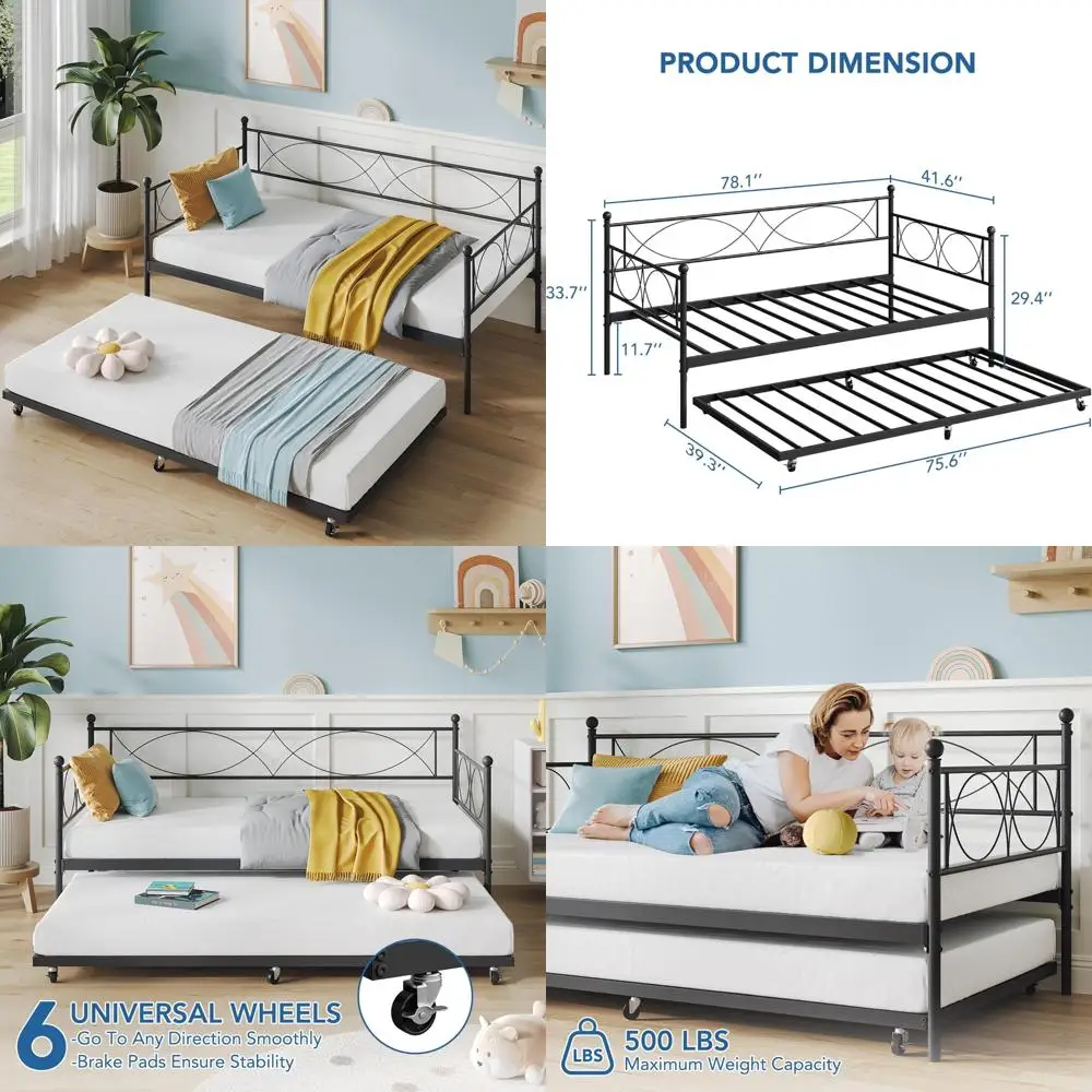 IDEALHOUSE Twin daybed with Trundle, Metal Twin Daybed and Trundle Set, Day Bed Sofa Bed Frame with Steel Slat Support, Multifun