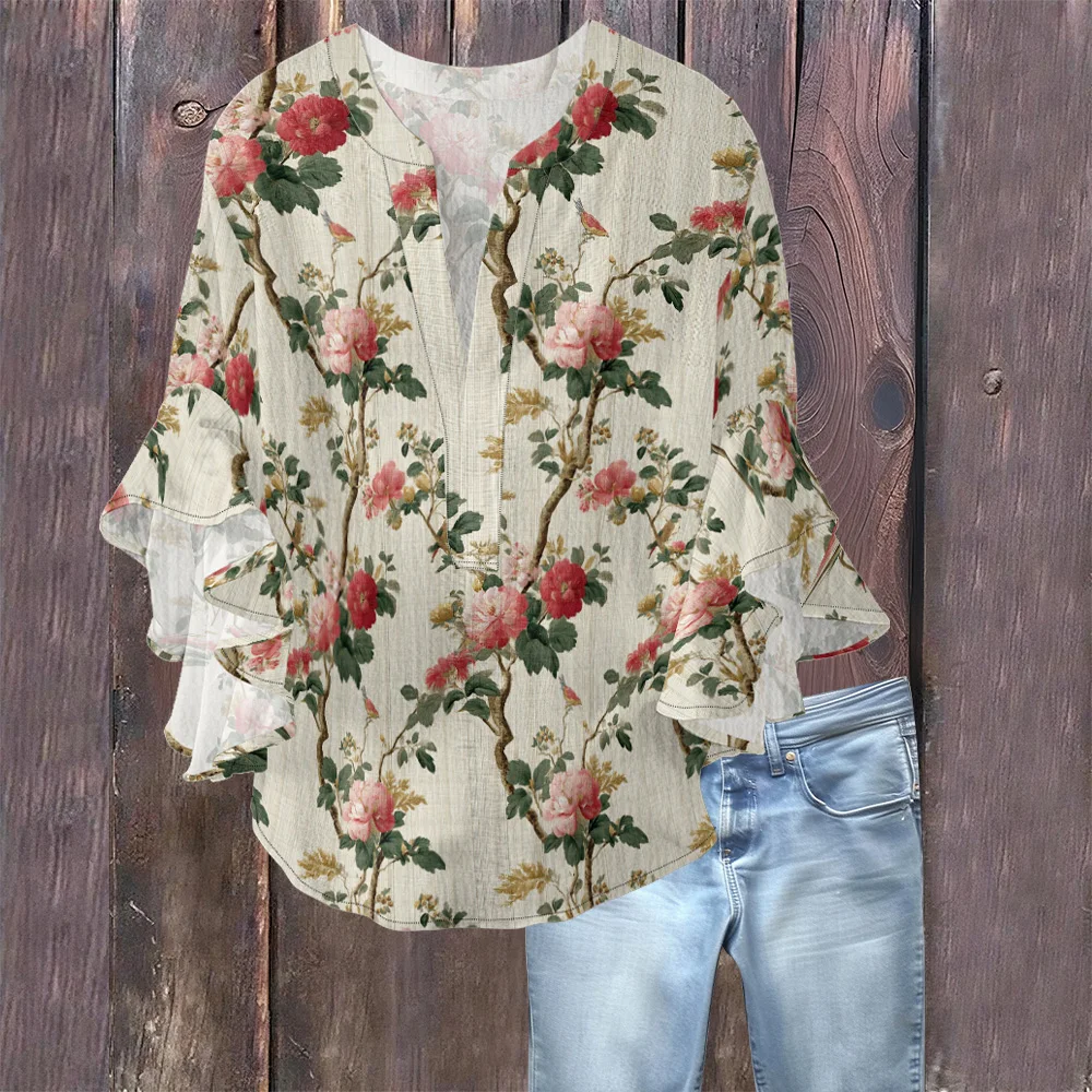 Vivid Floral Pattern Elegant French Style Blouse V-Neck Flutter Sleeves Romantic Vintage Retro Women's Top Casual or Date Night