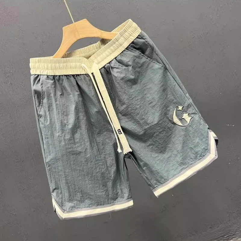 2024 Summer Men Trendy Contrast Color Quick Drying Sports Short Pants Male Casual Loose Letter Embroidery Straight Beach Shorts