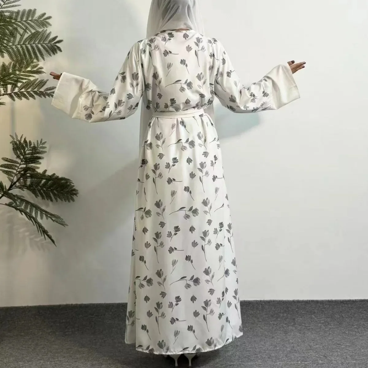 Abaya frontal abierta con estampado Floral, vestido largo con cinturón, ropa para mujer, Abayas musulmanes, caftán de manga larga, Jilbabs para mujer