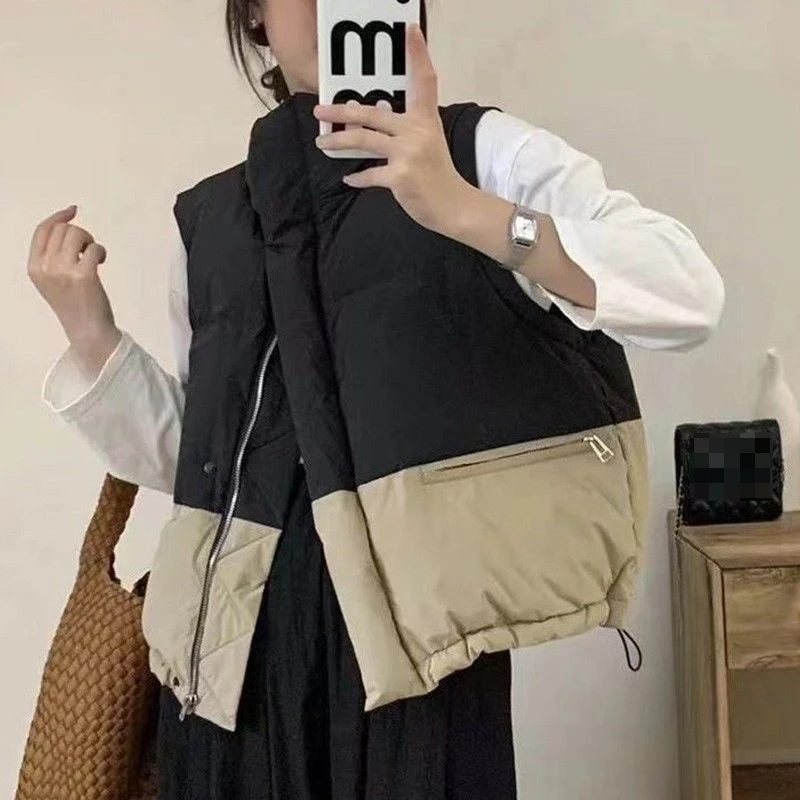 Otoño Invierno moda chaleco acolchado sin mangas mujeres coreano Patchwork cuello medio alto abrigos mujer contraste Color cálido Tops abrigo
