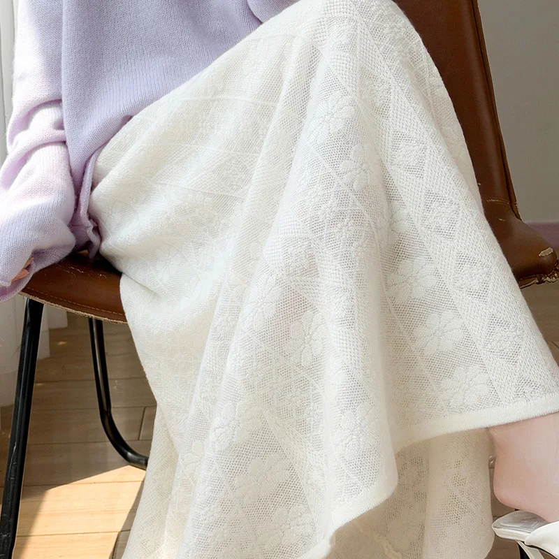 Luxury Women 100% Cashmere Skirt Pleated Mid-Calf Skirt Spring Autumn Office Lady Grace Style Skirt Cashmere Knitwear