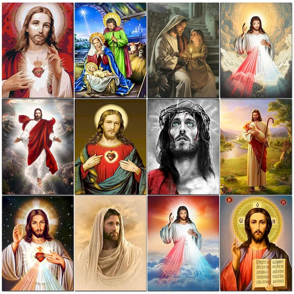 PhotoCustom 60x75cm DIY Malen nach Zahlen Kit Jesus Religiöse Acrylfarbe nach Zahlen ArtWork Ölgemälde Zahlen auf Leinwand