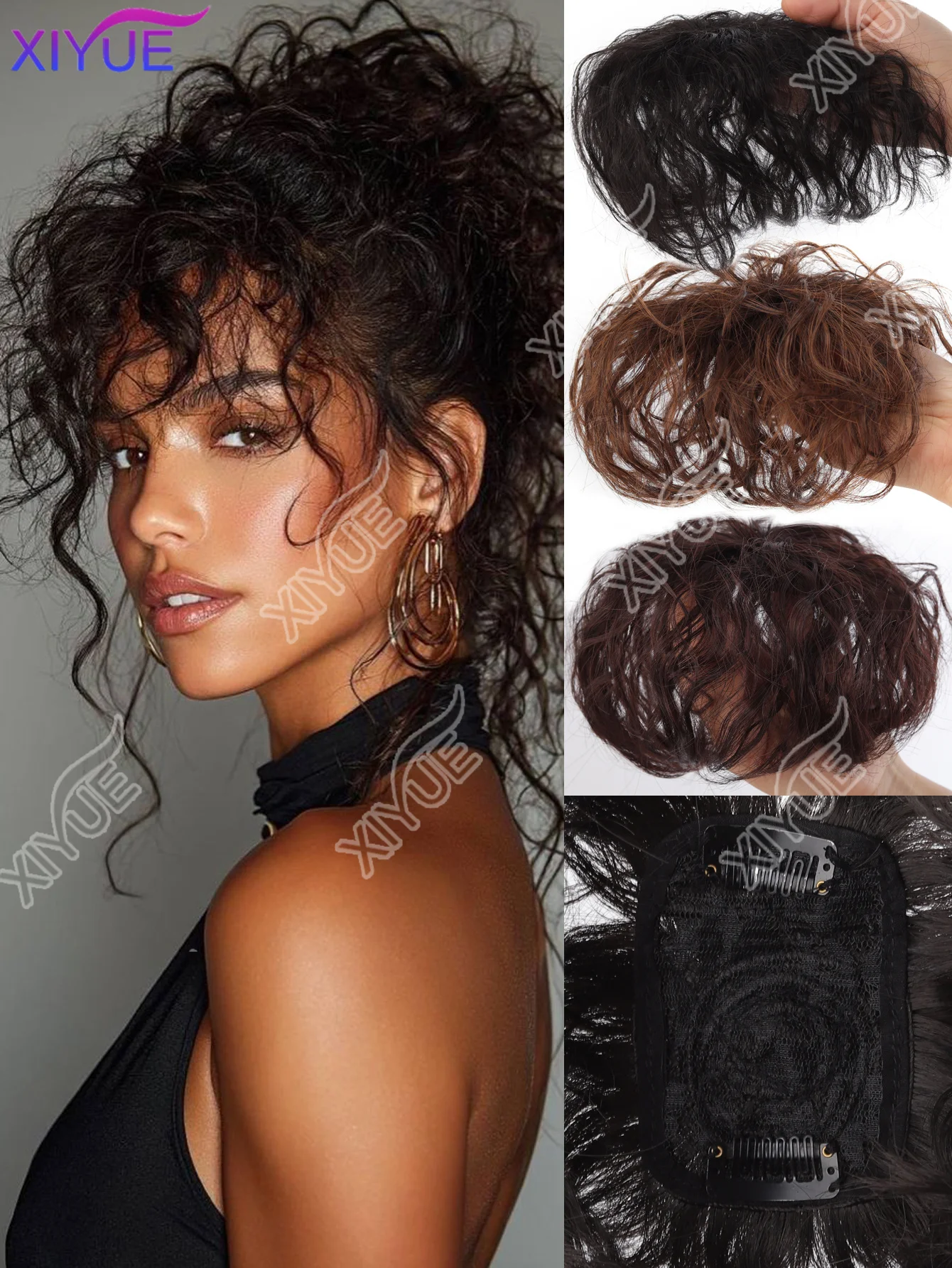 X 3D Bangs Invisible Short Curly Synthetic Topper Wigs Seamless Clip Ins Hair With 3 Clips Increase Hair Volume Cover White Hair