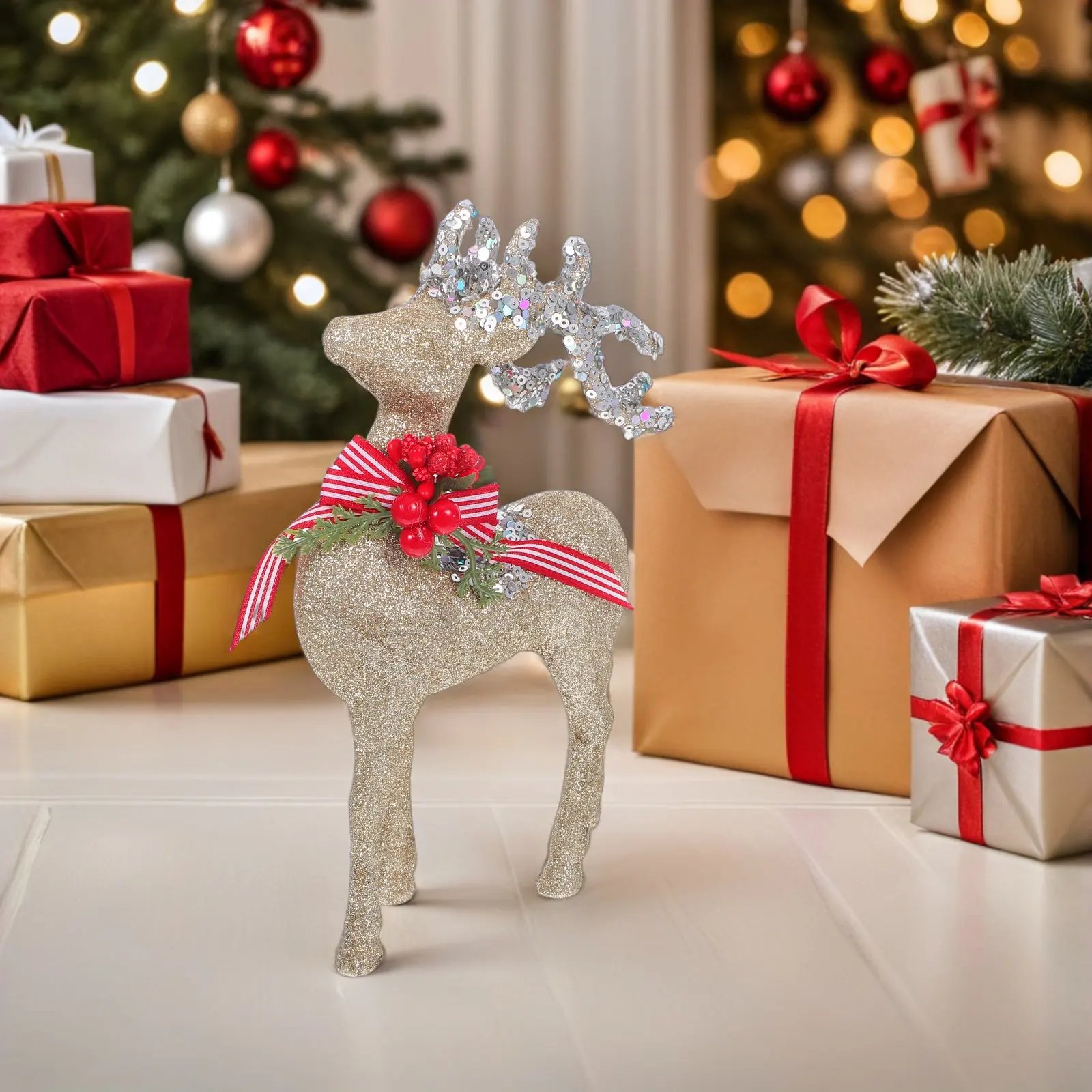 1Pair Flocking Reindeer Statue Plastic Glitter Standing Deer Sculpture Christmas Fireplace Mantle Table Decoration Centerpiece