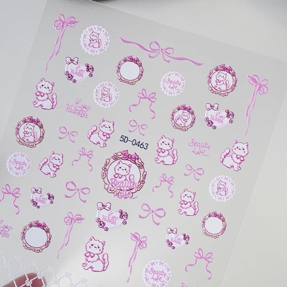 1 Stuks 5D Elegante Roze Kat/Strik Nail Art Stickers Lint Rooster Kant Frame Zelfklevende Nail Decals leuke Manicure Decor Glijbaan
