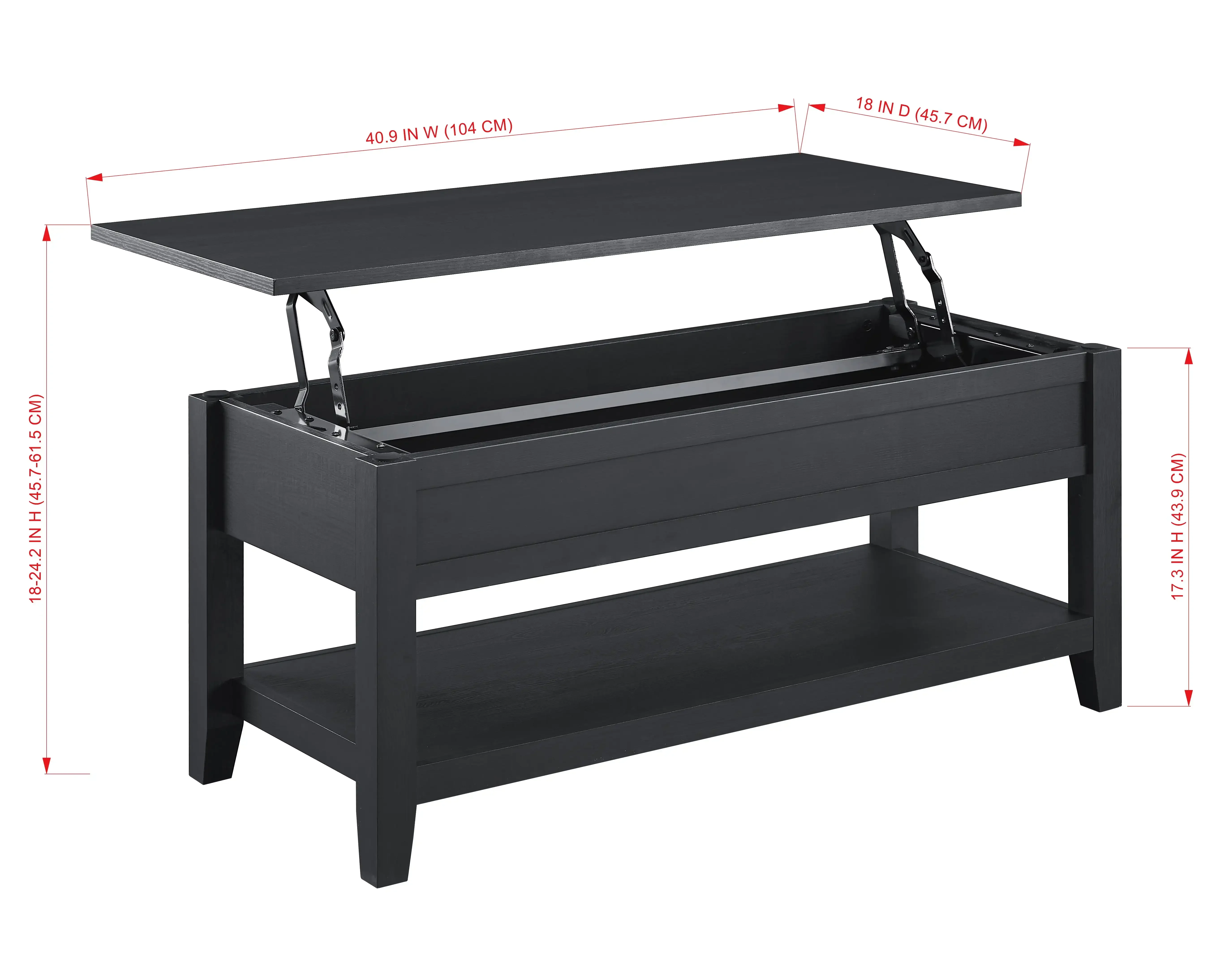 Lift Top Coffee Table with Storage Shelf, Black wood finish