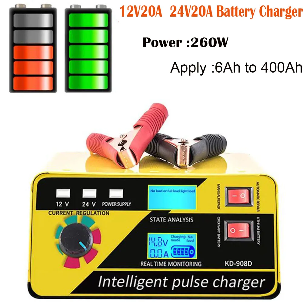 Adjustable manual car battery chargers 12V 20A 24V 20A universal pulse Repair Trickle lead acid battery charger for heavy duty