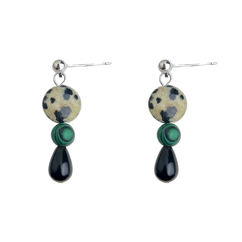 

JINDOOR Vintage Natural Stone Malachite Black 925 Silver Pin Earrings