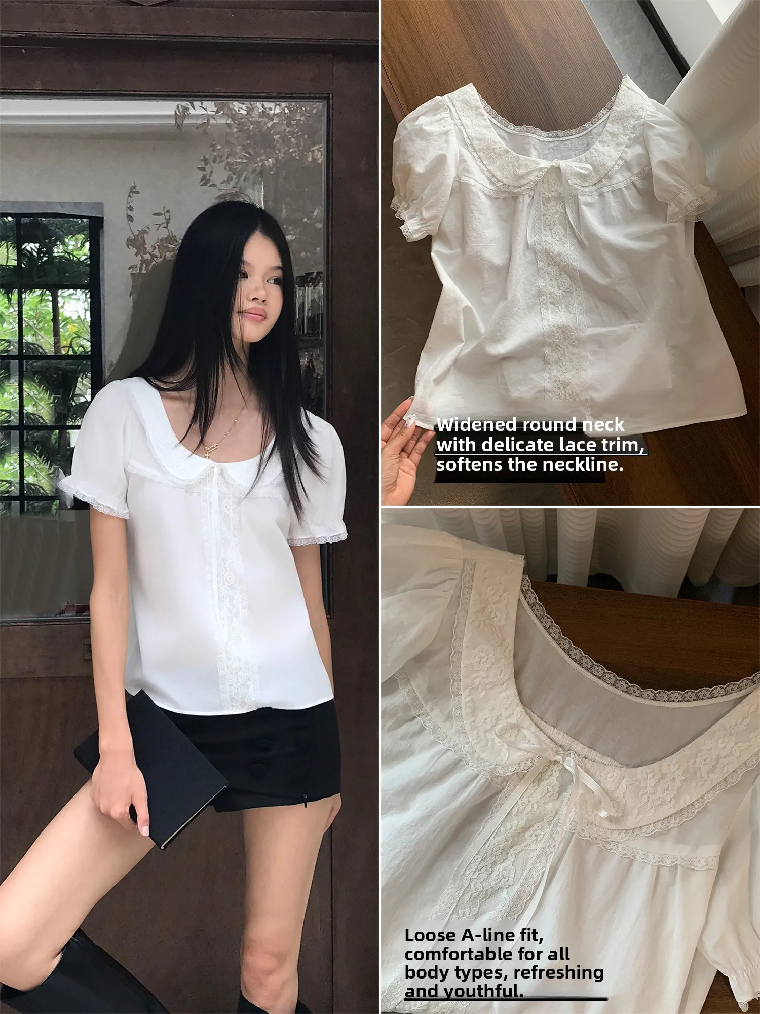 Audwyn Lace Bubble Sleeve Short Shirt Women's Loose Fit  Knot Casual Cotton Top Street Style Fashion Slimming Tee