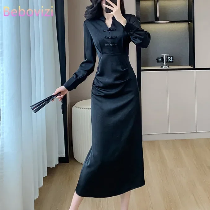 

New Chinese Style Buckle V-neck Slim Dress Qipao Temperament Long Sleeve Improved Black Cheongsam Sexy Dress