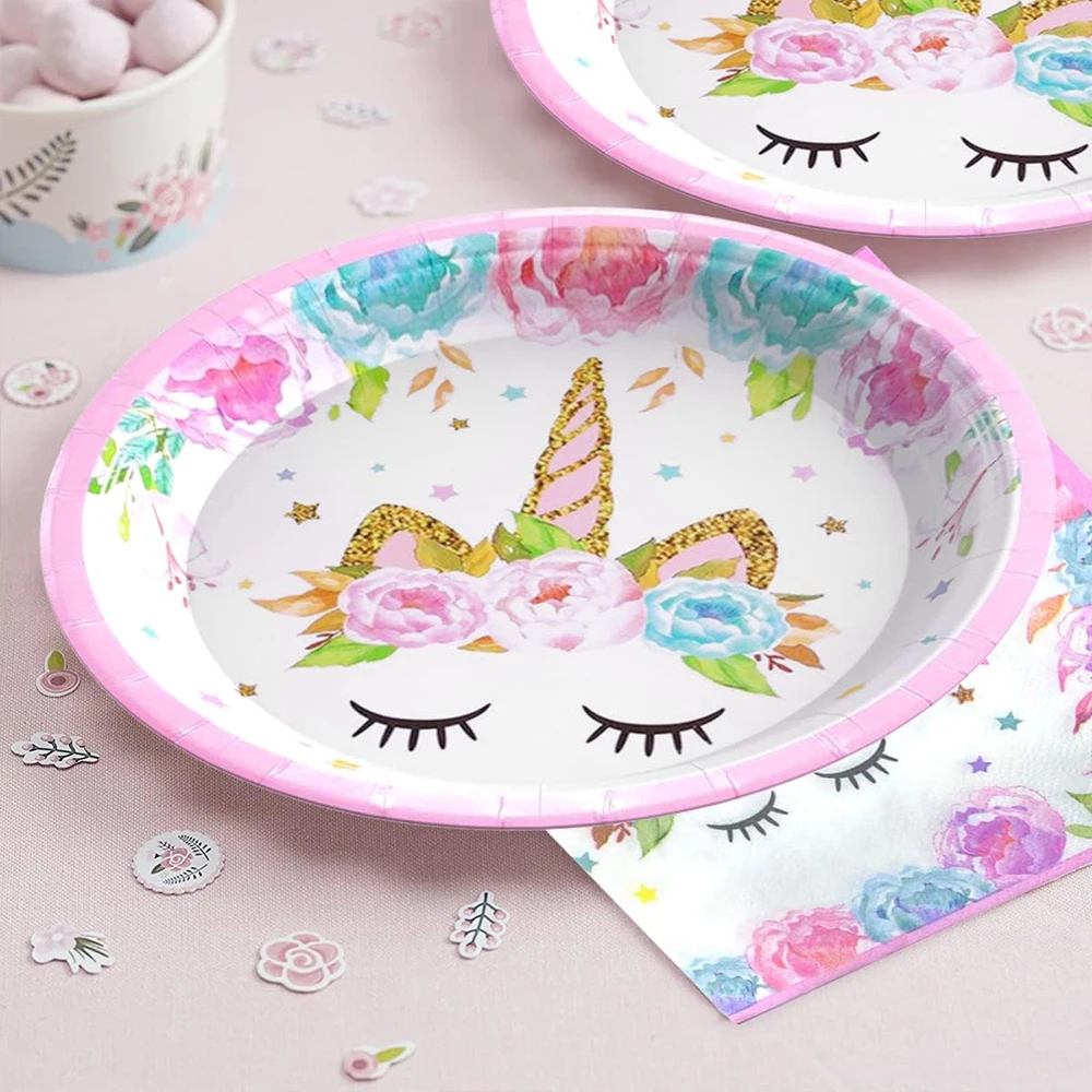 Unicorn Birthday Decoration Tableware Plates Napkins Cups Foil Number Balloons Set Girls Rainbow Unicorn Party Decors Supplies view 3