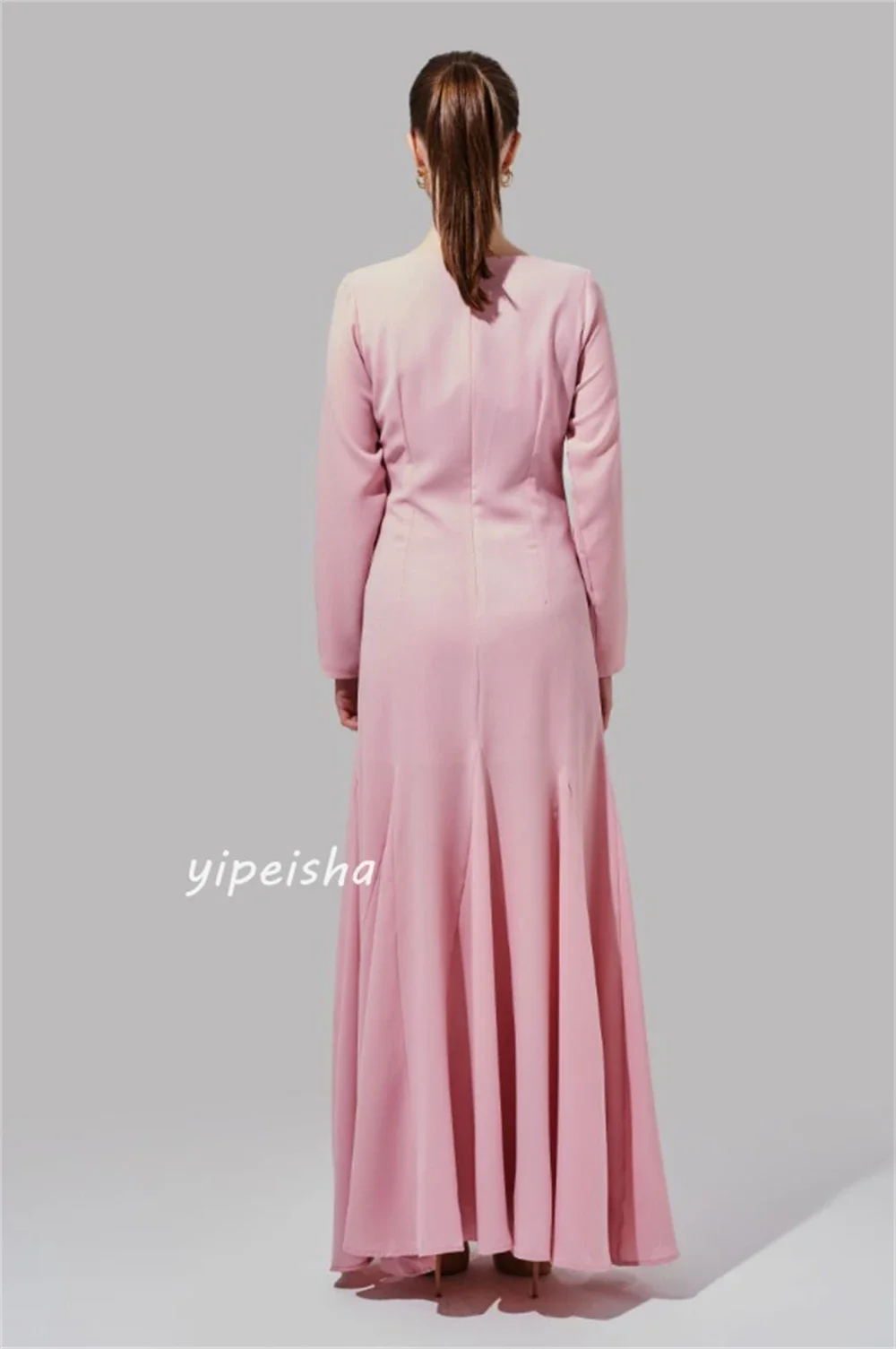 Baju pesta, Jersey bunga, pesta Ruched, kerah O, baju acara, baju Midi