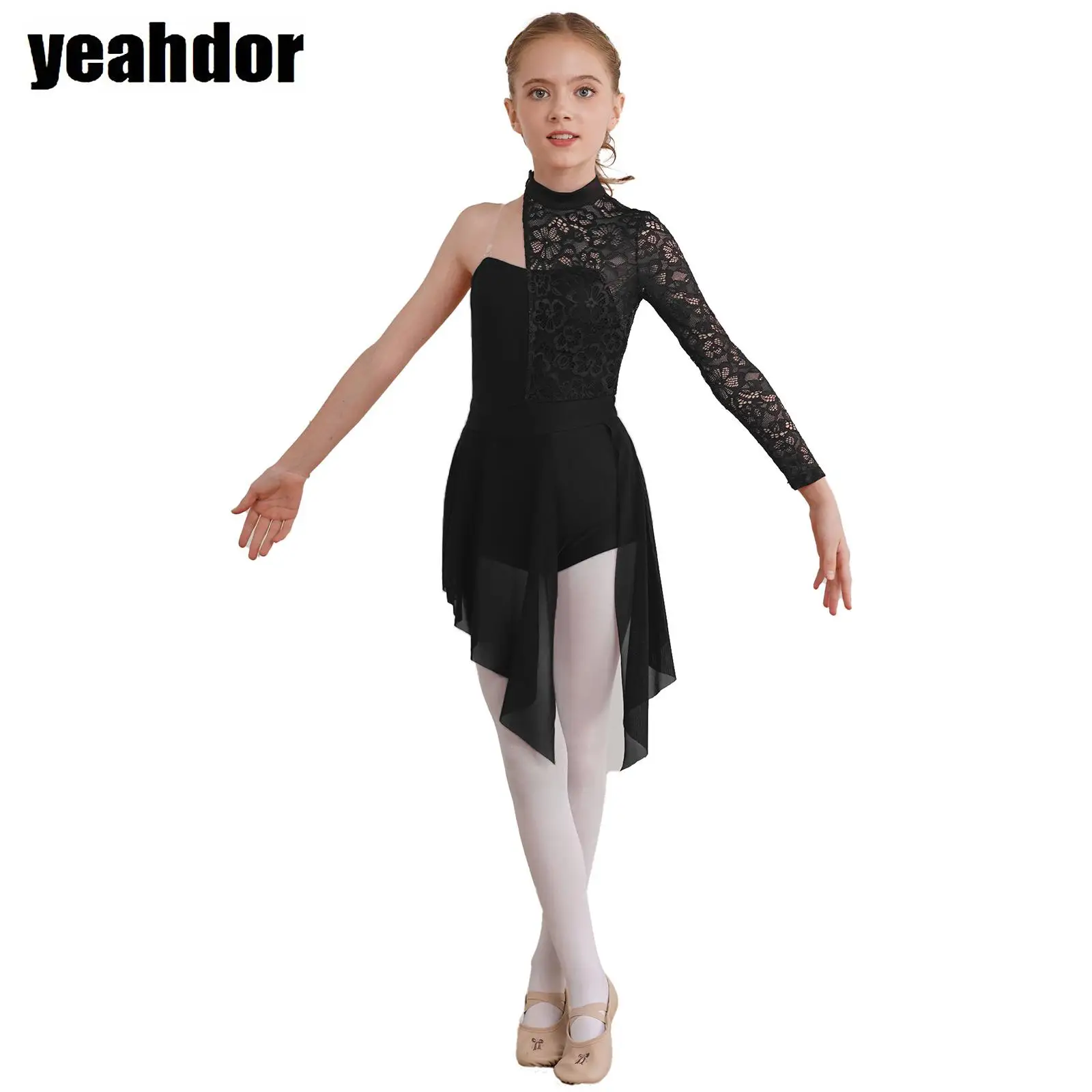 

Girls Gymnastics Ballet Leotard Dress One Shoulder Floral Lace Lyrical Dance Dress Figure Skating Jumpsuit Latin Cha-cha Dancewe