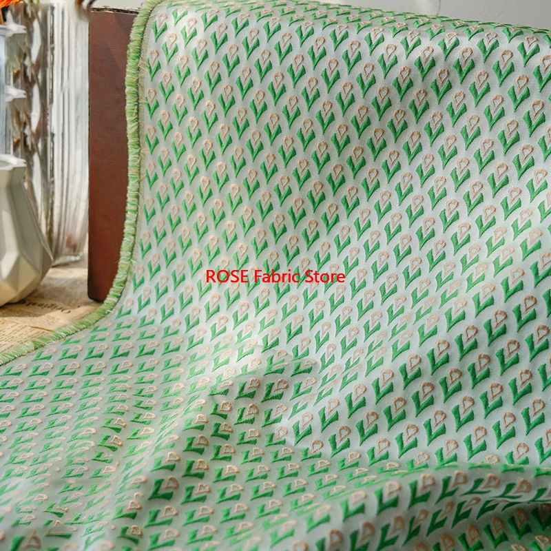 1 meter Grass Green Geometric Pattern Yarn Dyed Jacquard Fabric Spring and Autumn Women's Dress Fabrics