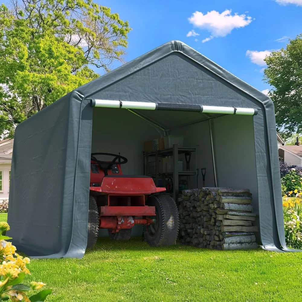 

10x10FT Carport Shelter with Roll-Up Mesh Windows & Reinforced Frame, Portable Garage Canopy for Motorcycle Storage, Outdoor Eq