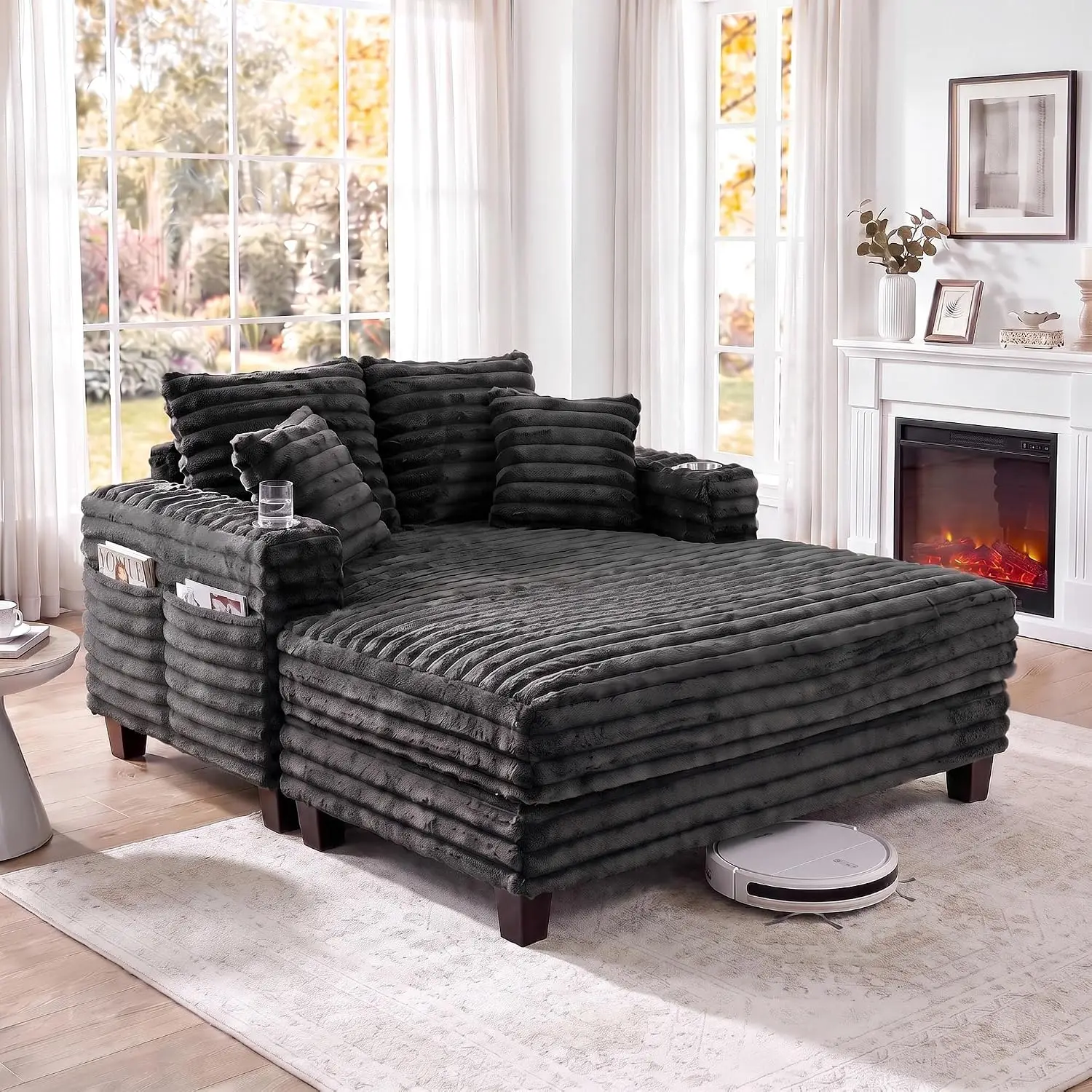 Oversized Chaise Lounge Chair With Wood Frame & 2 Cup Holders, Indoor Living Room Bedroom Relaxation Furniture 64