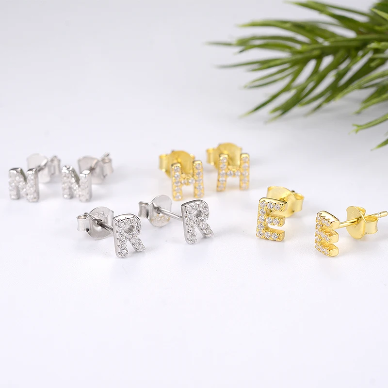 925 Sterling Silver Minimalist Geometric Gold Color Alphabet English Letter Stud Earring Women Boucles D oreilles Brincos 2022