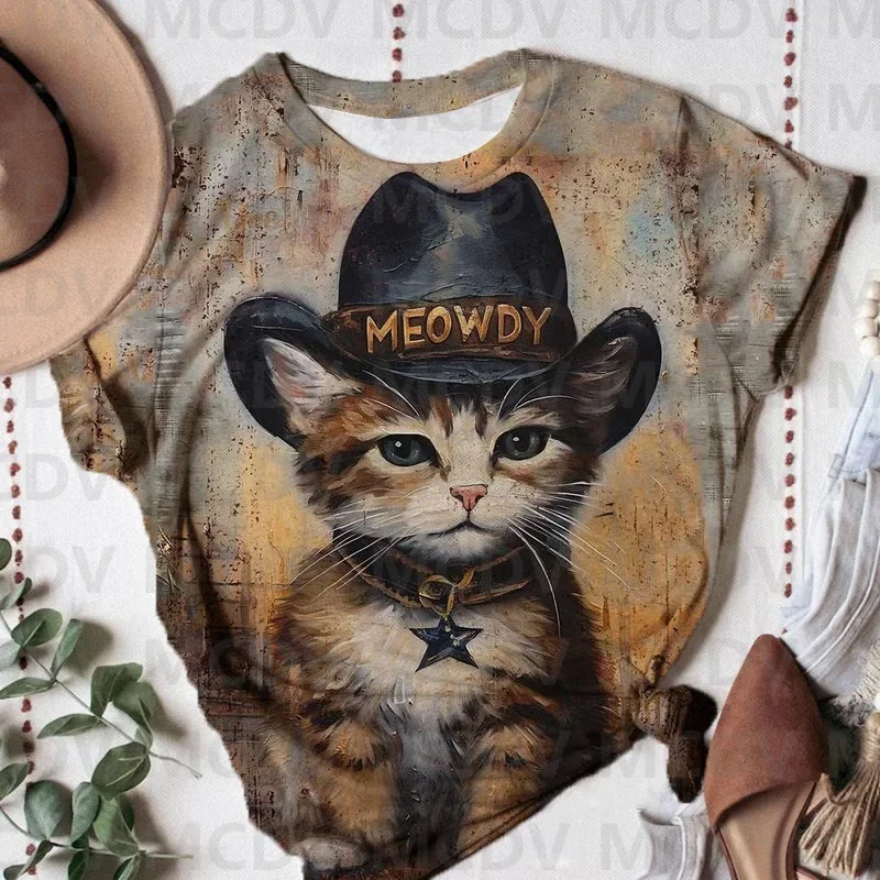 

Western Funny Cat Print Short Sleeve T-shirt 3D All Over Printed Summer Women's T Shirts