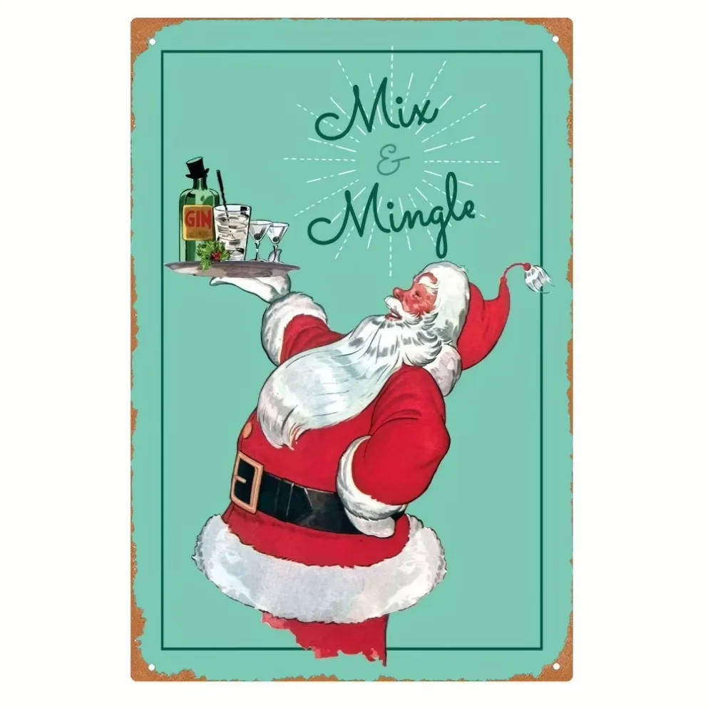 قطعة واحدة من لافتة سانتا المعدنية العتيقة "ميكس آند مينغل" ثنائية الأبعاد - فن جداري متين لعيد الميلاد، مثالي للمنزل/البار والمقهى/المرآب/الفناء