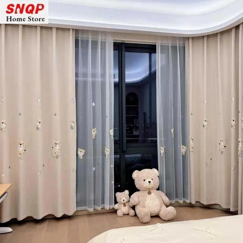 

Custom Size Cartoon Children's Room Cute Bear Shading Luxury Curtains for Living Room Bedroom Dining Bear Tulle Fashion Decor