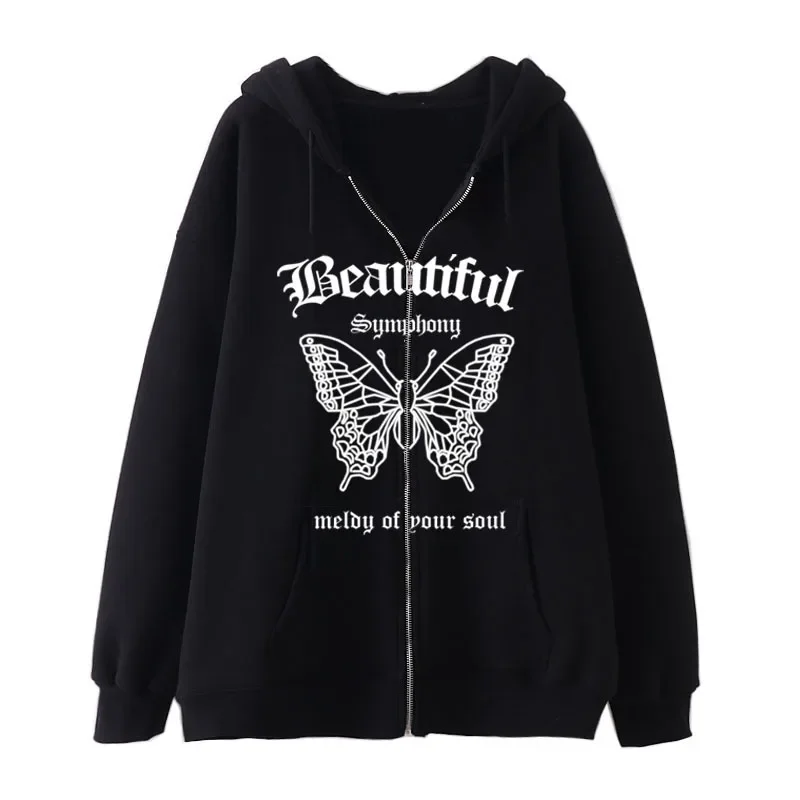 2024 Dark Gothic Style Cardigan Sweatshirt \'Beautiful\' Butterfly Series Y2k Zip Up Hoodies Street Fashion Loose Fleece Jackets