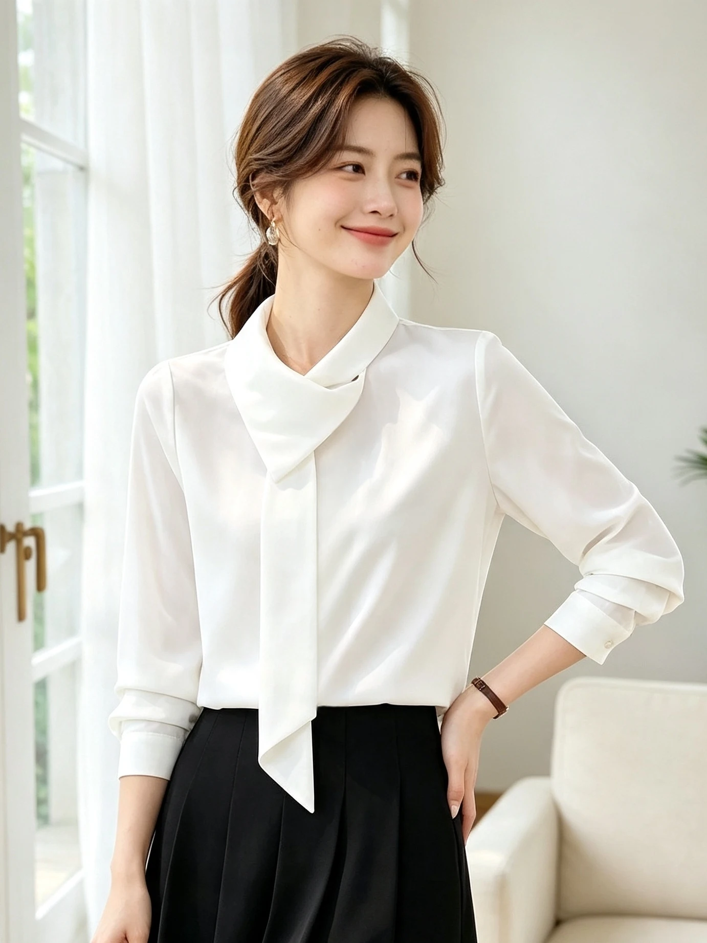 Elegant Women's Chiffon Shirt with Sash Long Sleeve Autumn Design French Style Loose Fit Breathable Skin-friendly Fashionable