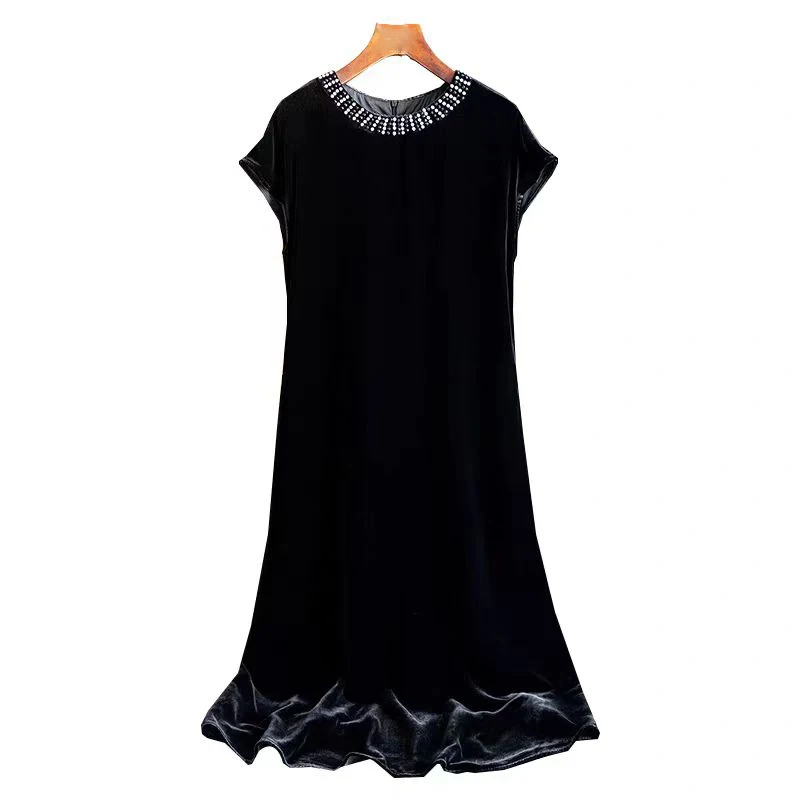 High-End-Sommer-Neues O-Ausschnitt-Perlen-Design mit Seide + Samtstoff, kurzärmelig, modisches, elegantes schwarzes Damenkleid S-XXL