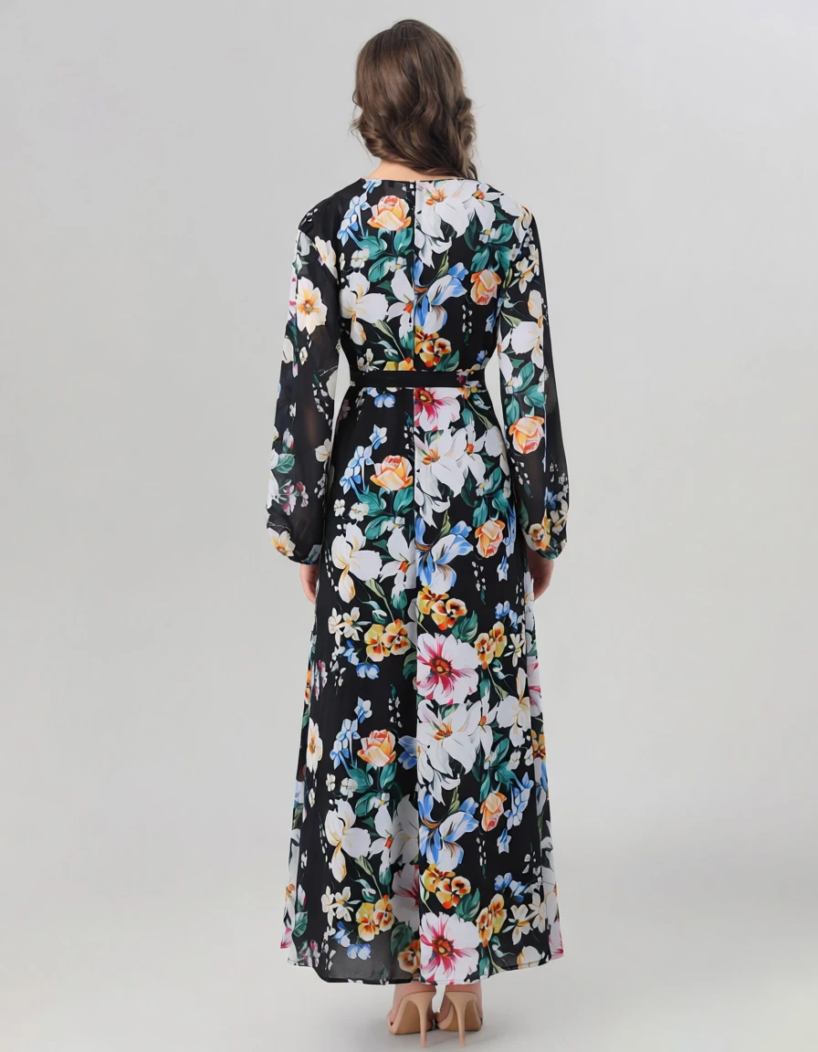 Abito lungo da donna con stampa floreale nera - Abito avvolgente a maniche lunghe con scollo a V e cintura da annodare Abiti firmati