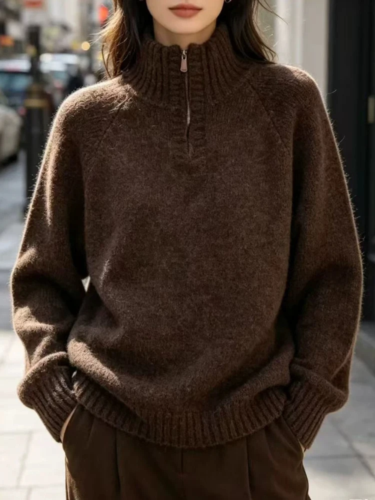 Autumn Winter New Half-Zip Lapel Long Sleeve Knitwear Pullover Leisure Loose Thicken Sweater Women Fashion Simple Sweater Top
