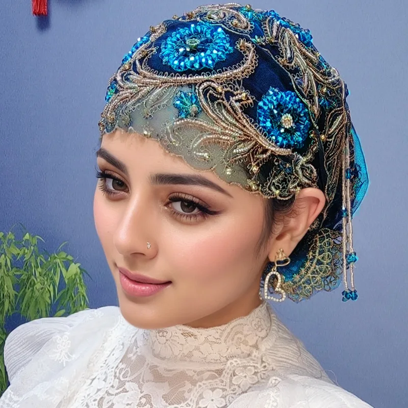 

Islam Wedding Party Headscarf Lace Embroidery Beaded Beanies Women Muslim Hijab Tassel Headwear Bonnet Turban Mesh Head Wrap Cap