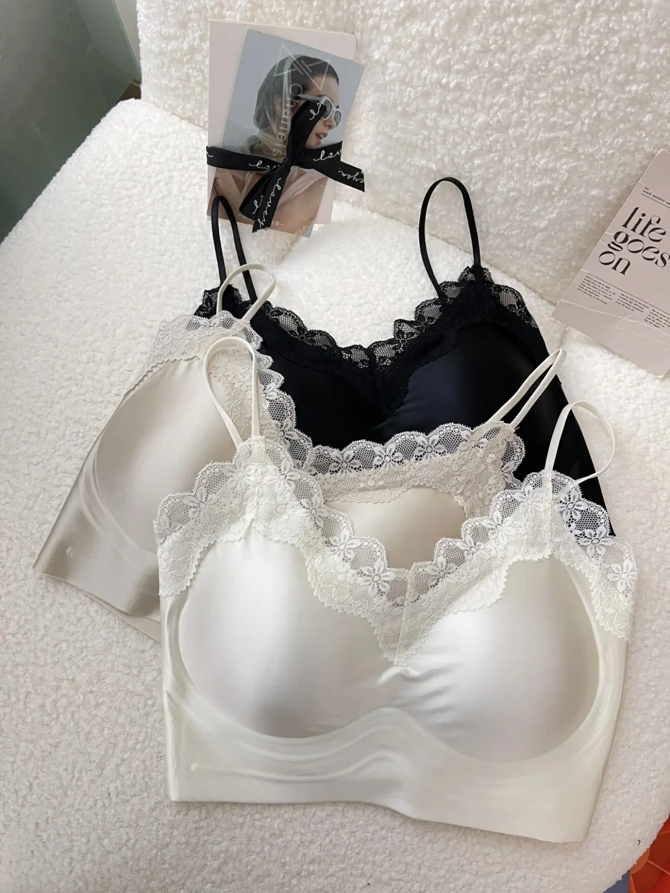 

Seamless Satin Lace Bra for Women, Push-Up for Small Busts, Wire-Free, Thin Shoulder Straps, Beautiful Back Camisole Style Brale