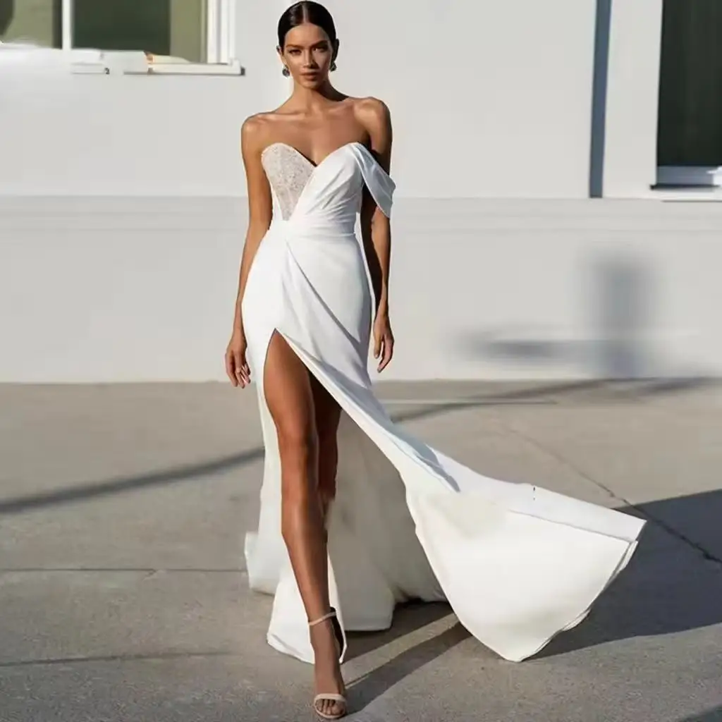 فساتين زفاف ساحرة مخصصة من الساتان زي العرائس ترتر زينة مثيرة بفتحة عالية غمد حورية البحر بدون ظهر فيستدوس دي نوفيا