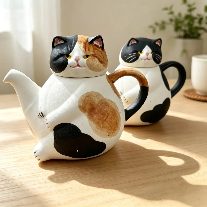 Cute Cat Pattern Japanese Rough Ceramic Teapot Set Household Tea Making Kit Wedding Birthday Present for Tea Lovers